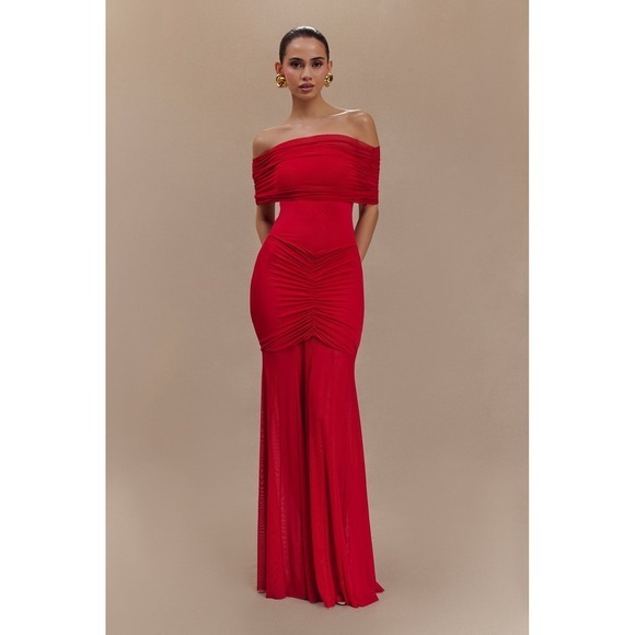 Meshki Dresses & Skirts - MESHKI Red Off Shoulder Ruched Mesh Maxi Dress Size XXl